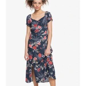 Roxy Dress Womens M Blue Midi Soul Values Tropical Floral Short Sleeve Beach